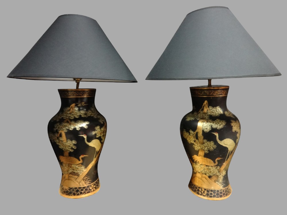 Good Pair Chinoiserie Laquered Table Lamps