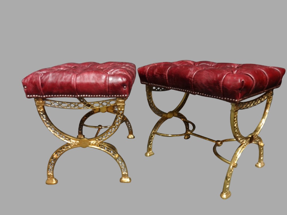 Outstanding Pair Brass and Leather Fireside Stools