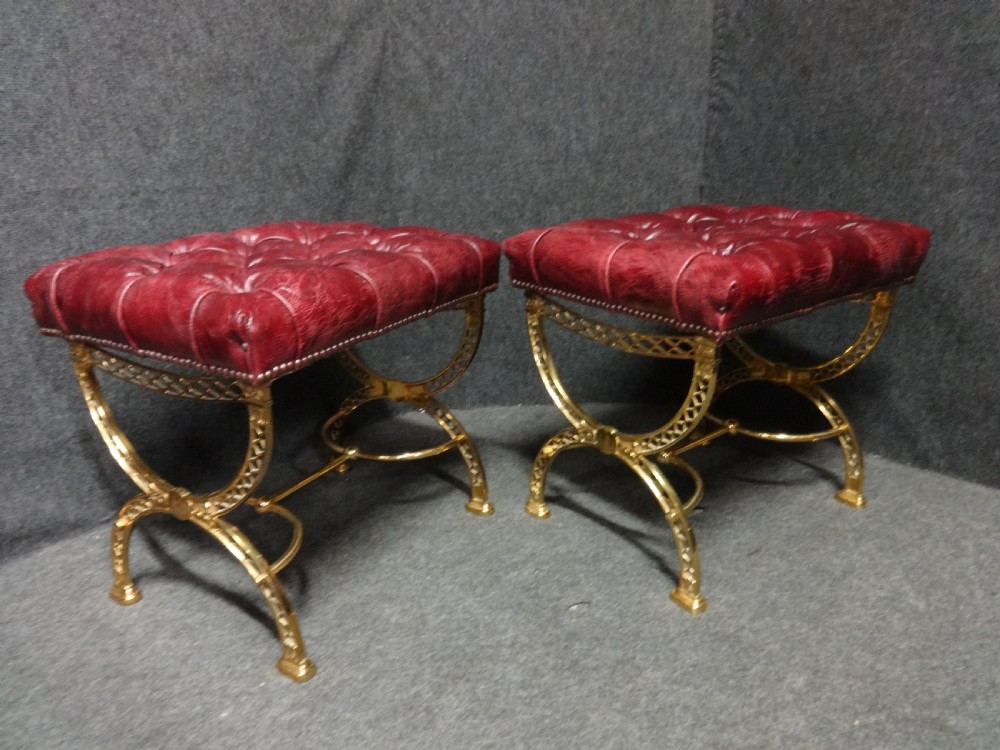 Outstanding Pair Brass and Leather Fireside Stools View II