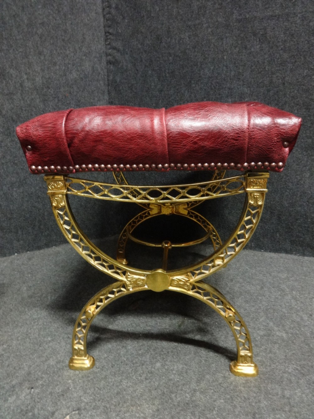 Outstanding Pair Brass and Leather Fireside Stools View III