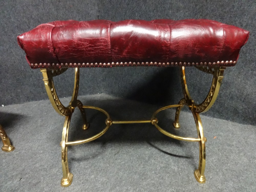 Outstanding Pair Brass and Leather Fireside Stools View IV