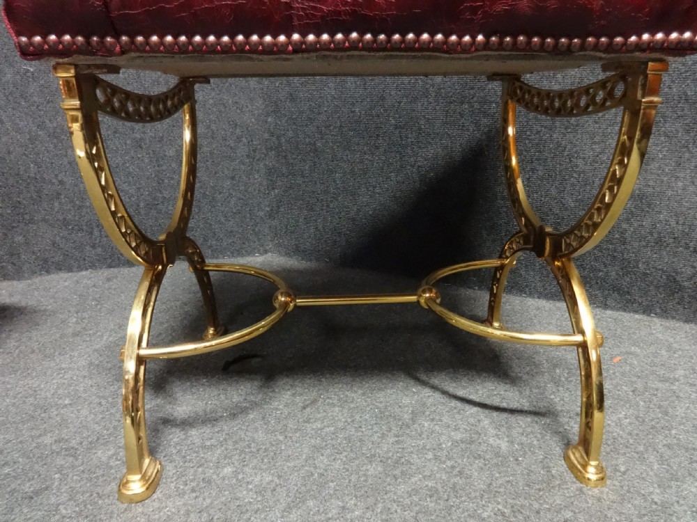 Outstanding Pair Brass and Leather Fireside Stools View V