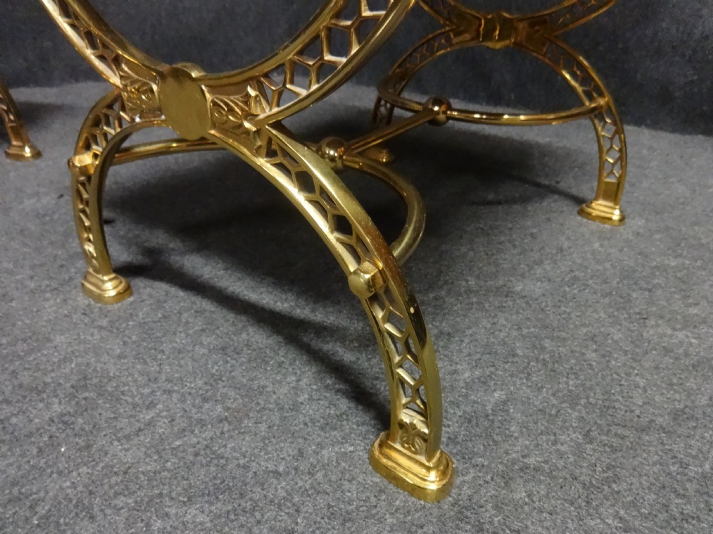 Outstanding Pair Brass and Leather Fireside Stools View VI
