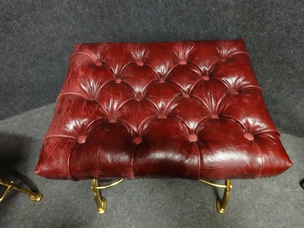 Outstanding Pair Brass and Leather Fireside Stools View VII