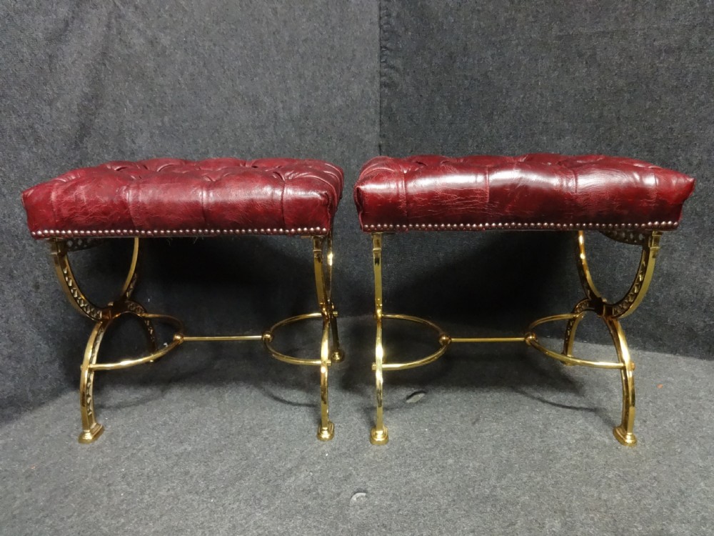 Outstanding Pair Brass and Leather Fireside Stools View VIII