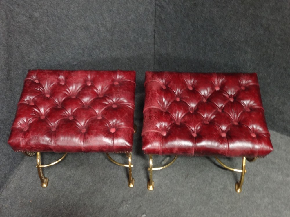 Outstanding Pair Brass and Leather Fireside Stools View IX