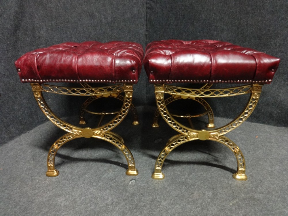 Outstanding Pair Brass and Leather Fireside Stools View X