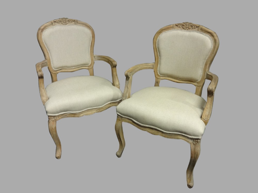 Pair Bleached Oak French Arm Carver Chairs