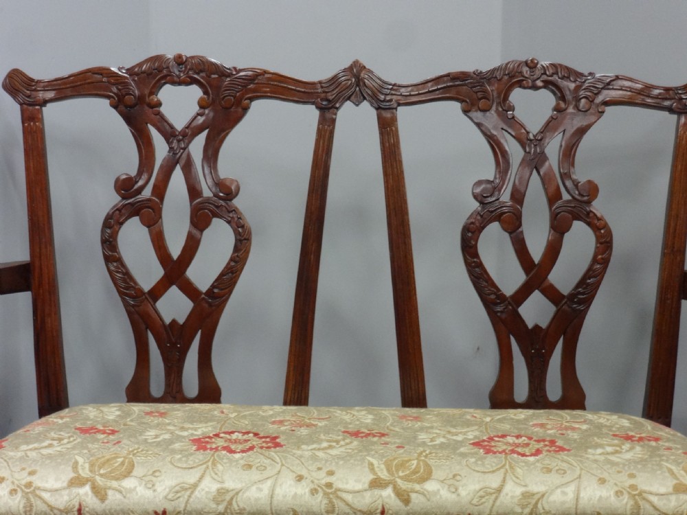 A Chippendale style mahogany double chair-back settee with pierced splats, carved cabriole legs terminating in ball-and-claw feet, and a patterned seat cushion. View V