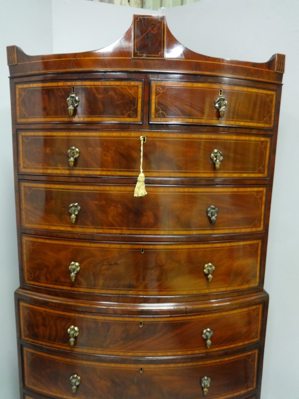 Wonderful George 3rd Bowed Inlaid Chest on Chest of Drawers View VIII