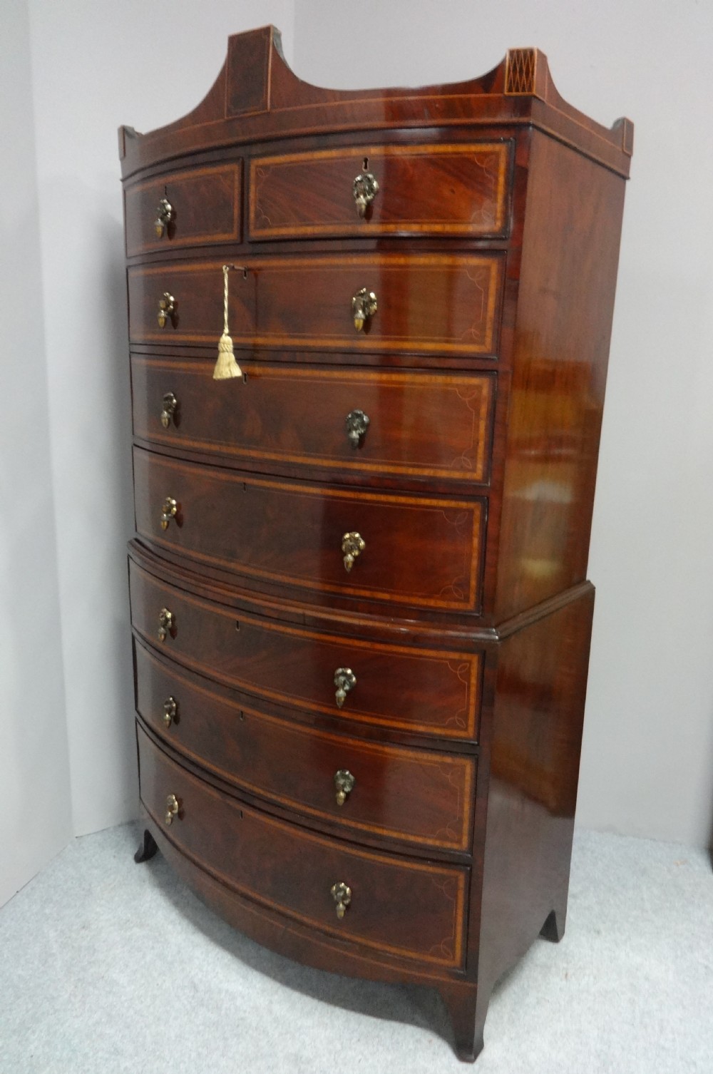 Wonderful George 3rd Bowed Inlaid Chest on Chest of Drawers View XII