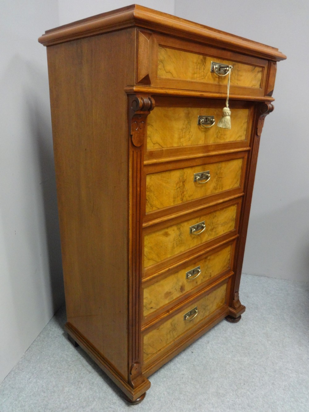 Excellent Quality Tall Burr Walnut Chest of Drawers View IV