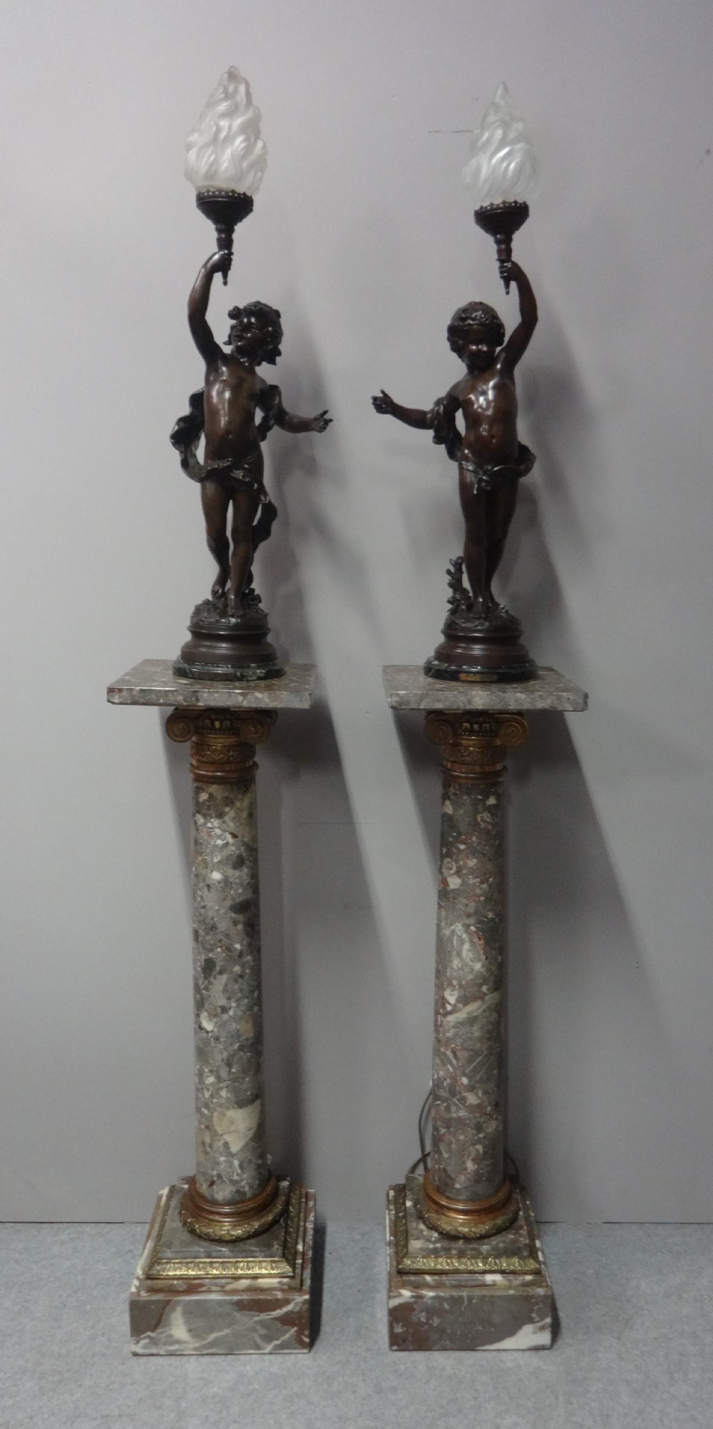 Wonderful Pair of C19th Marble Pedestals with Spelter Lamps