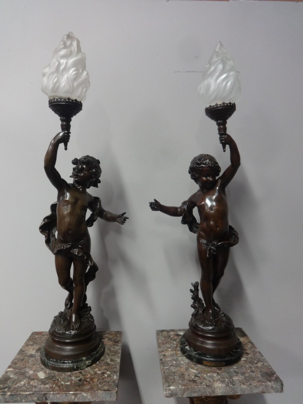 Wonderful Pair of C19th Marble Pedestals with Spelter Lamps View II