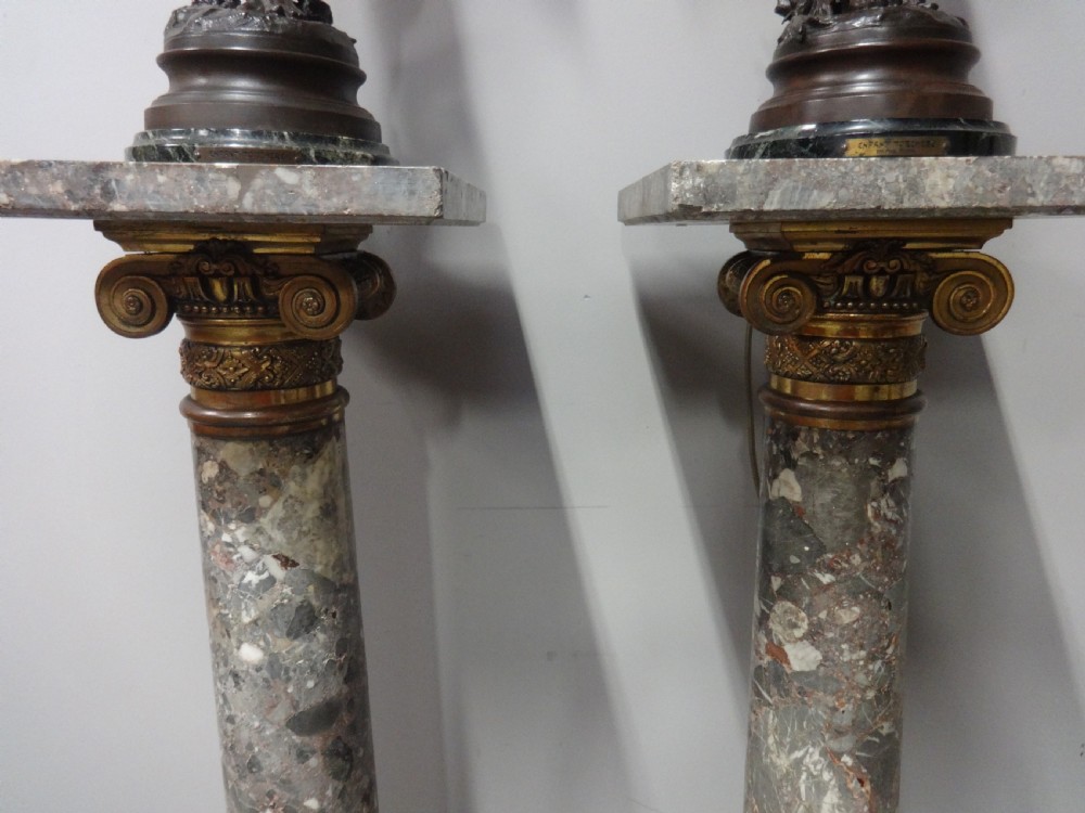 Wonderful Pair of C19th Marble Pedestals with Spelter Lamps View VII