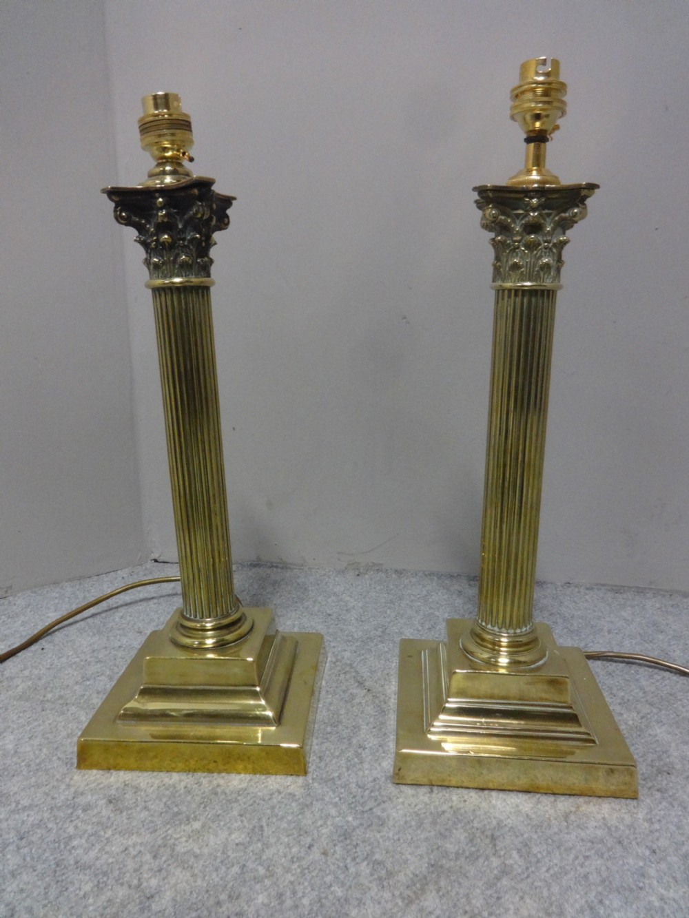 Near Pair Brass Column  Table Lamps