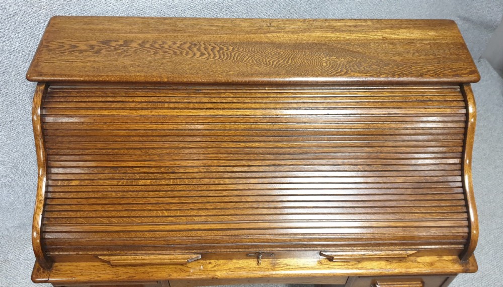 Wonderful Golden Oak Roll Top Bureau View VI