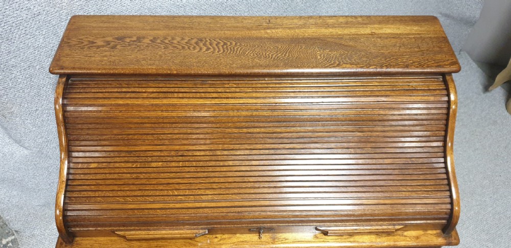 Wonderful Golden Oak Roll Top Bureau View VII