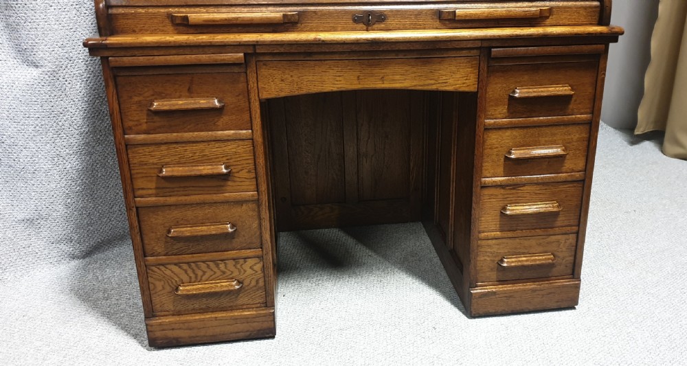 Wonderful Golden Oak Roll Top Bureau View VIII