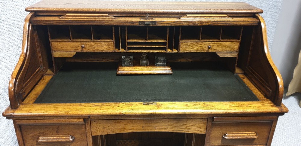 Wonderful Golden Oak Roll Top Bureau View IX