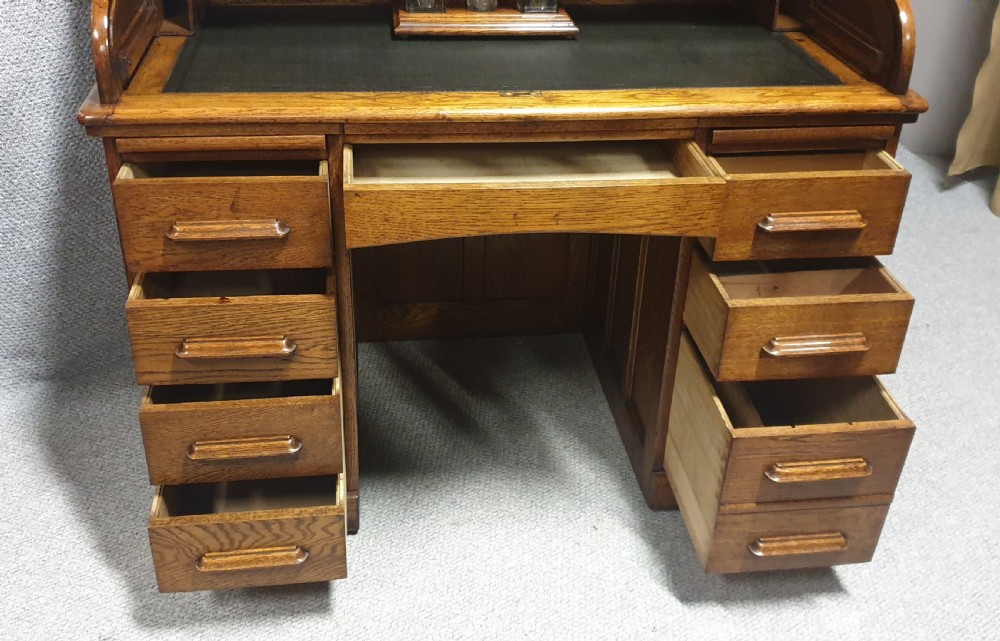 Wonderful Golden Oak Roll Top Bureau View XI