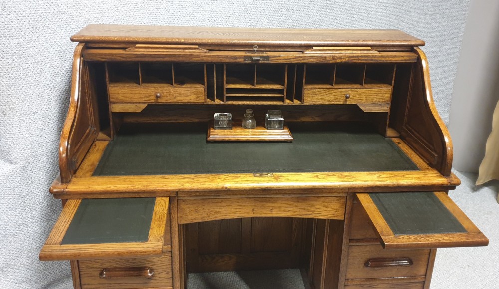 Wonderful Golden Oak Roll Top Bureau View XII