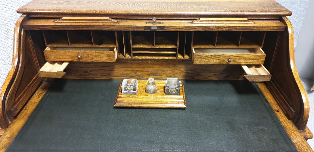 Wonderful Golden Oak Roll Top Bureau View XVI