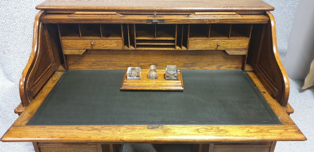 Wonderful Golden Oak Roll Top Bureau View XVII