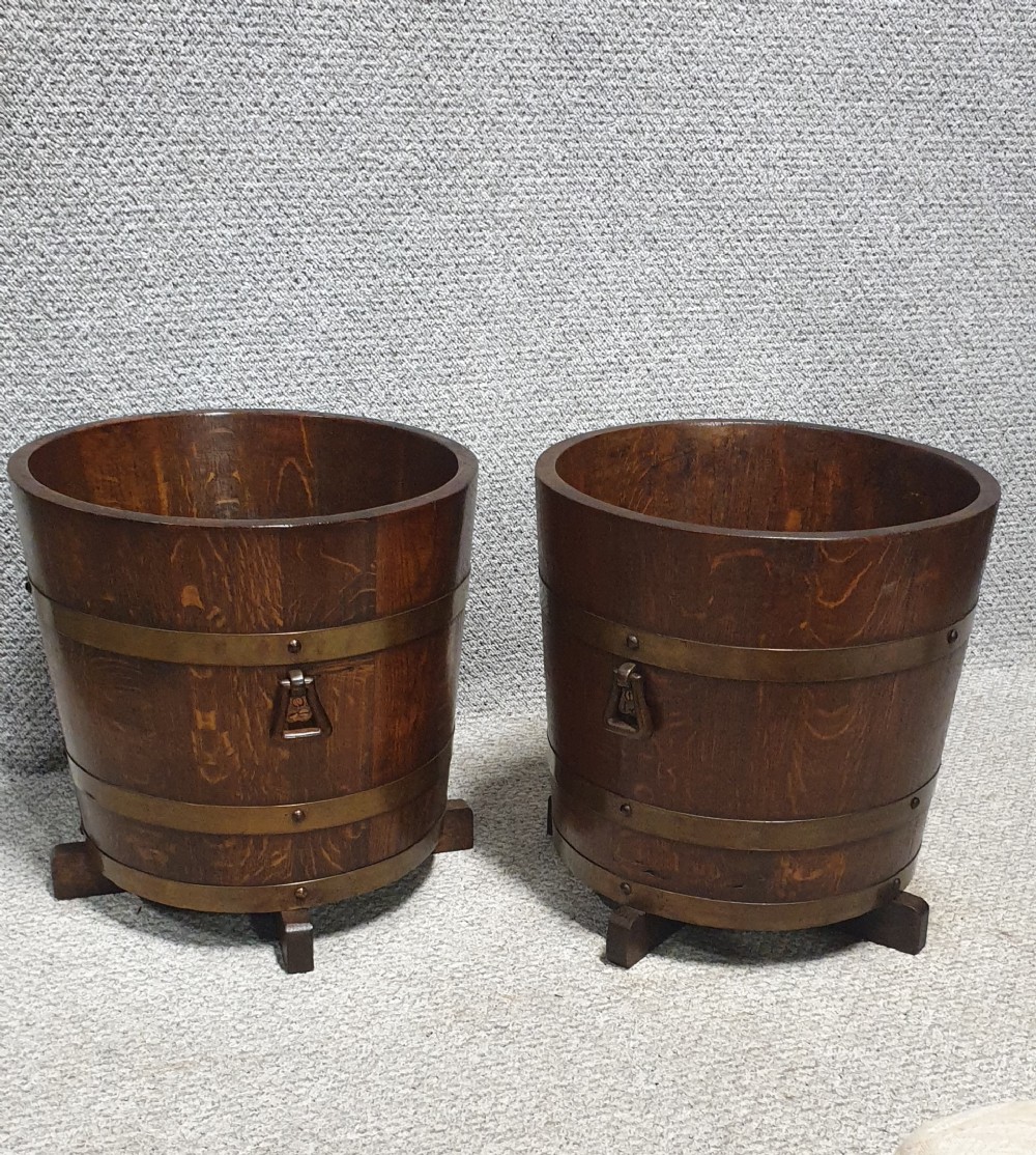 Pair Large Banded Oak Planters