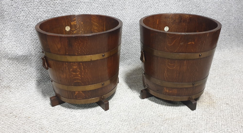 Pair Large Banded Oak Planters View II