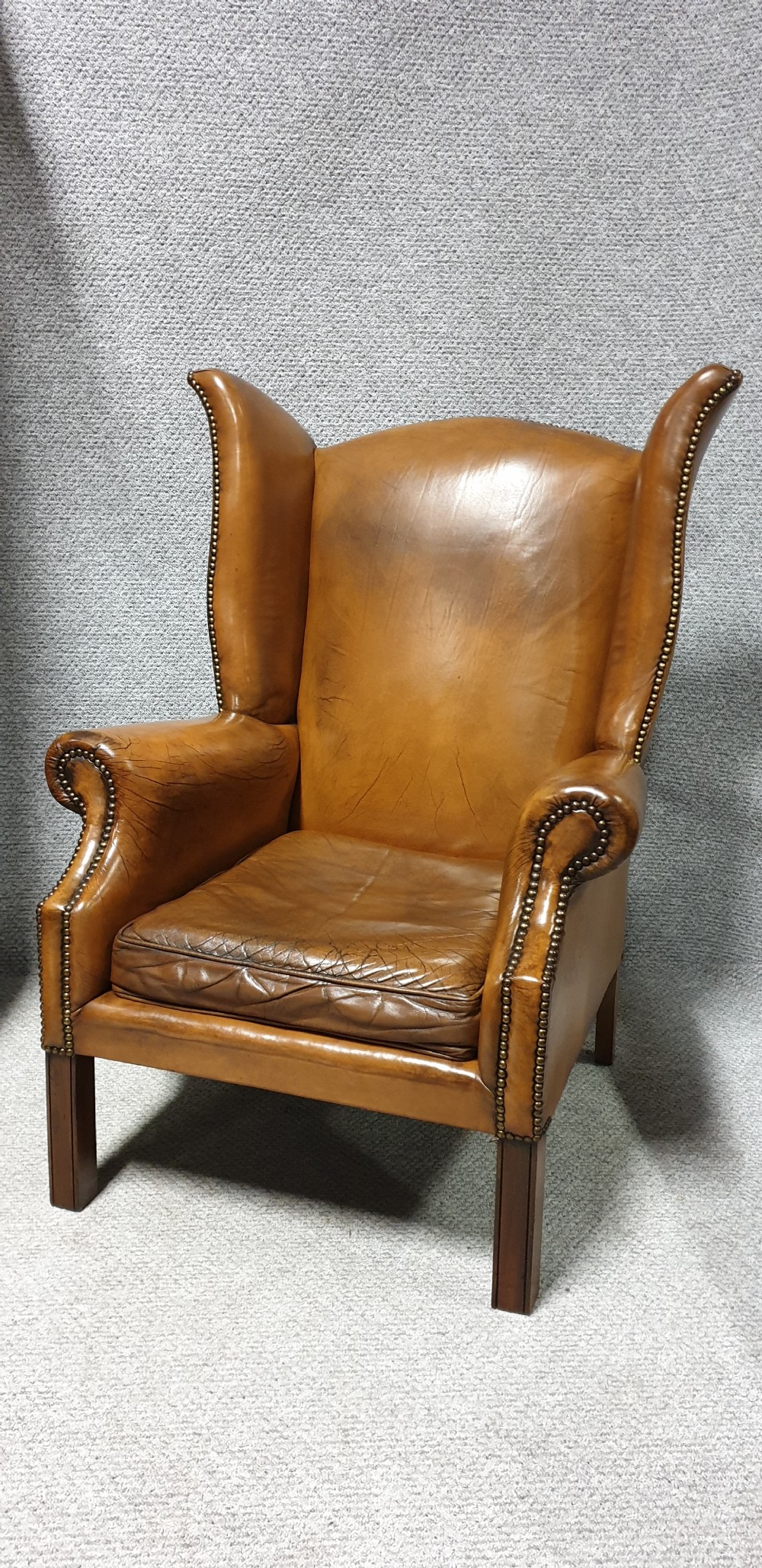 Superb Tan Leather Winged Armchair 