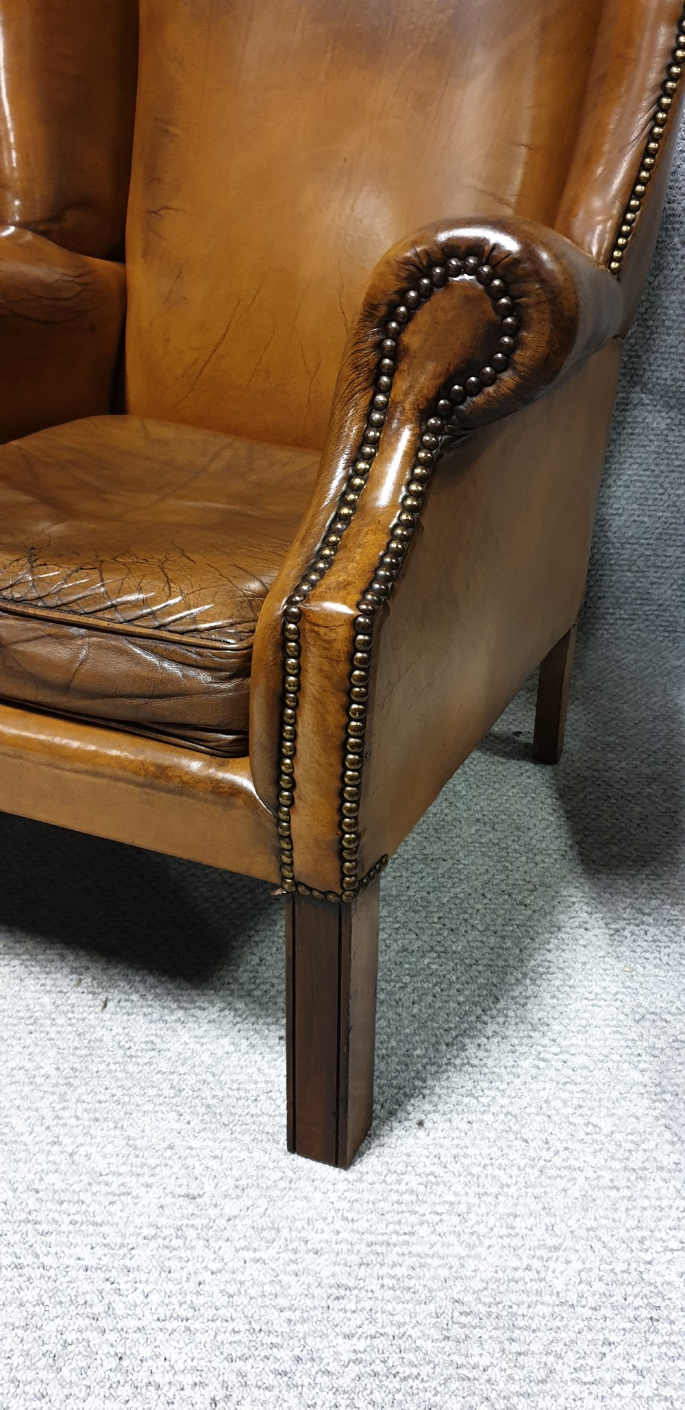 Superb Tan Leather Winged Armchair  View II
