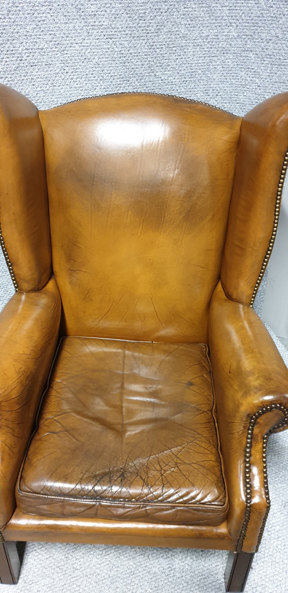 Superb Tan Leather Winged Armchair  View III