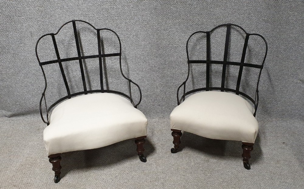 Pair Iron Framed Walnut Chairs