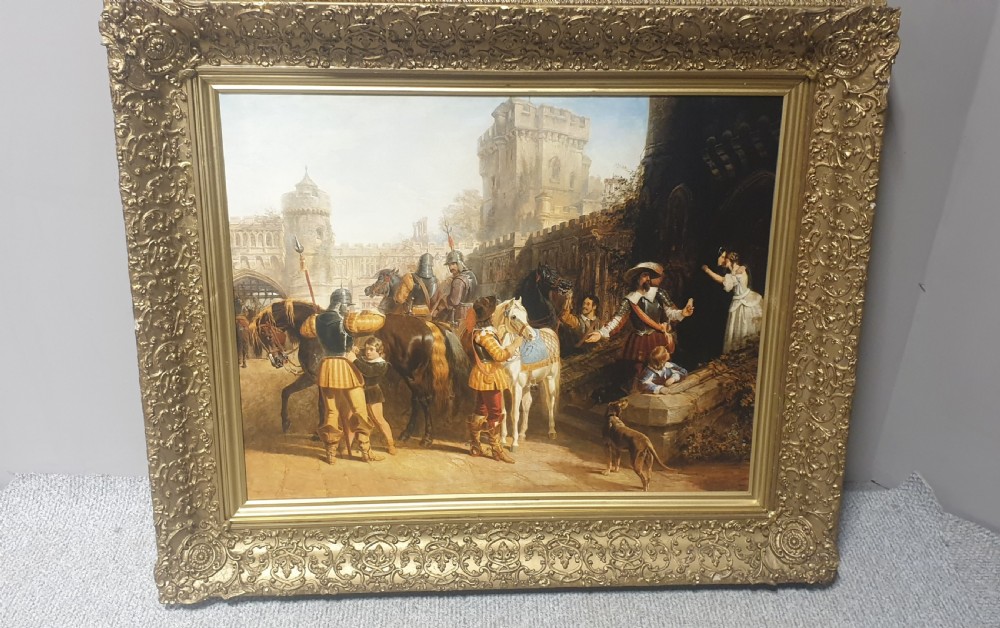 A large Victorian gilded picture frame with ornate relief moulding containing a historical narrative print.