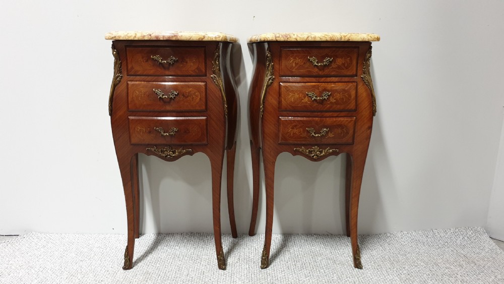 Pair Marquetry Inlaid Bedside Chests of Drawers 