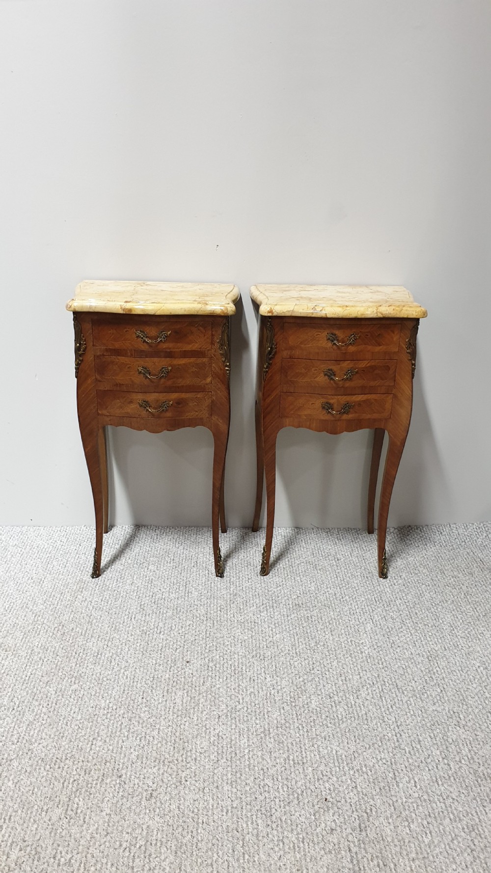 French Marquetry Bedside Chests of Drawers 
