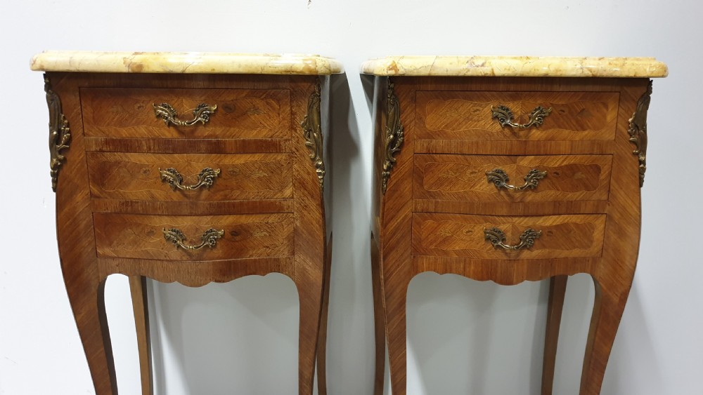 French Marquetry Bedside Chests of Drawers  View III