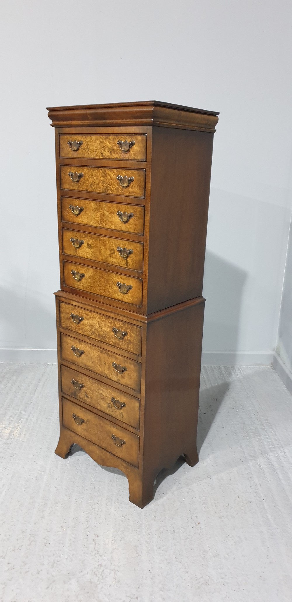 Burr Walnut Chest on Chest of Drawers of Small Proportions View II