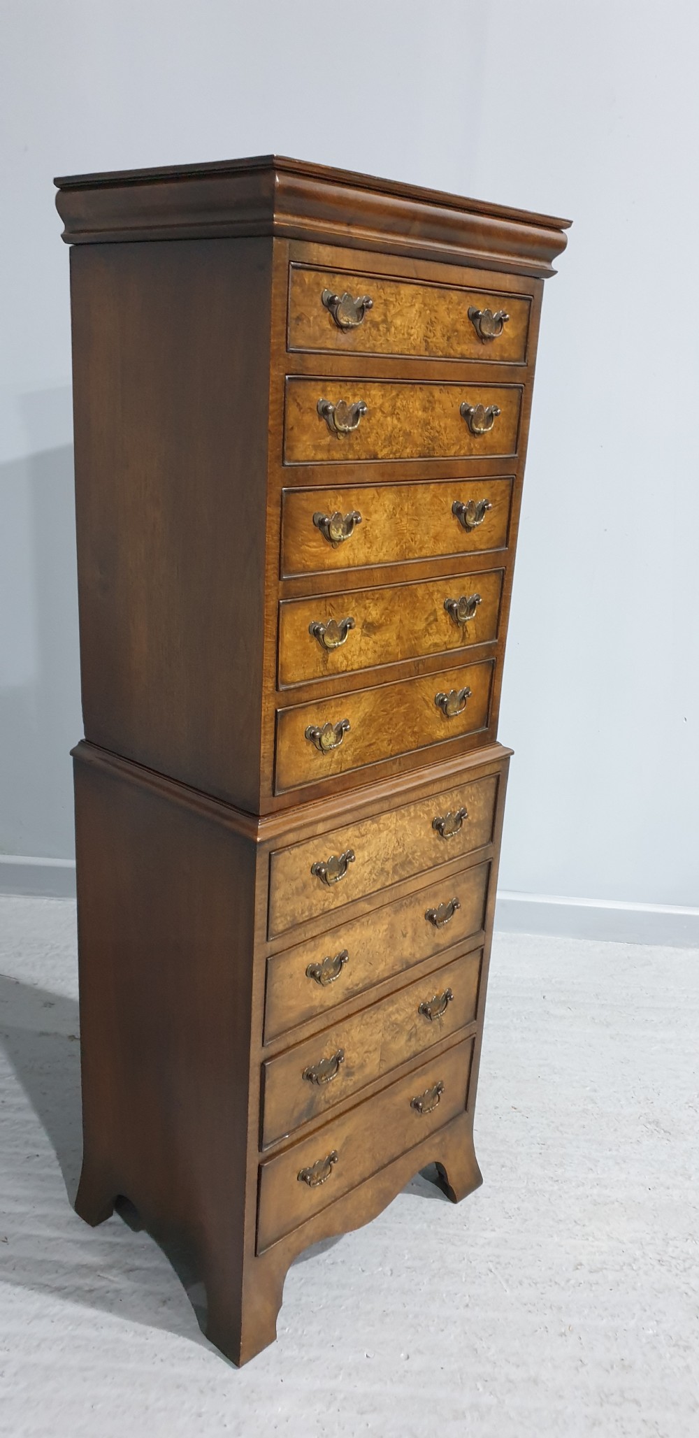 Burr Walnut Chest on Chest of Drawers of Small Proportions View III