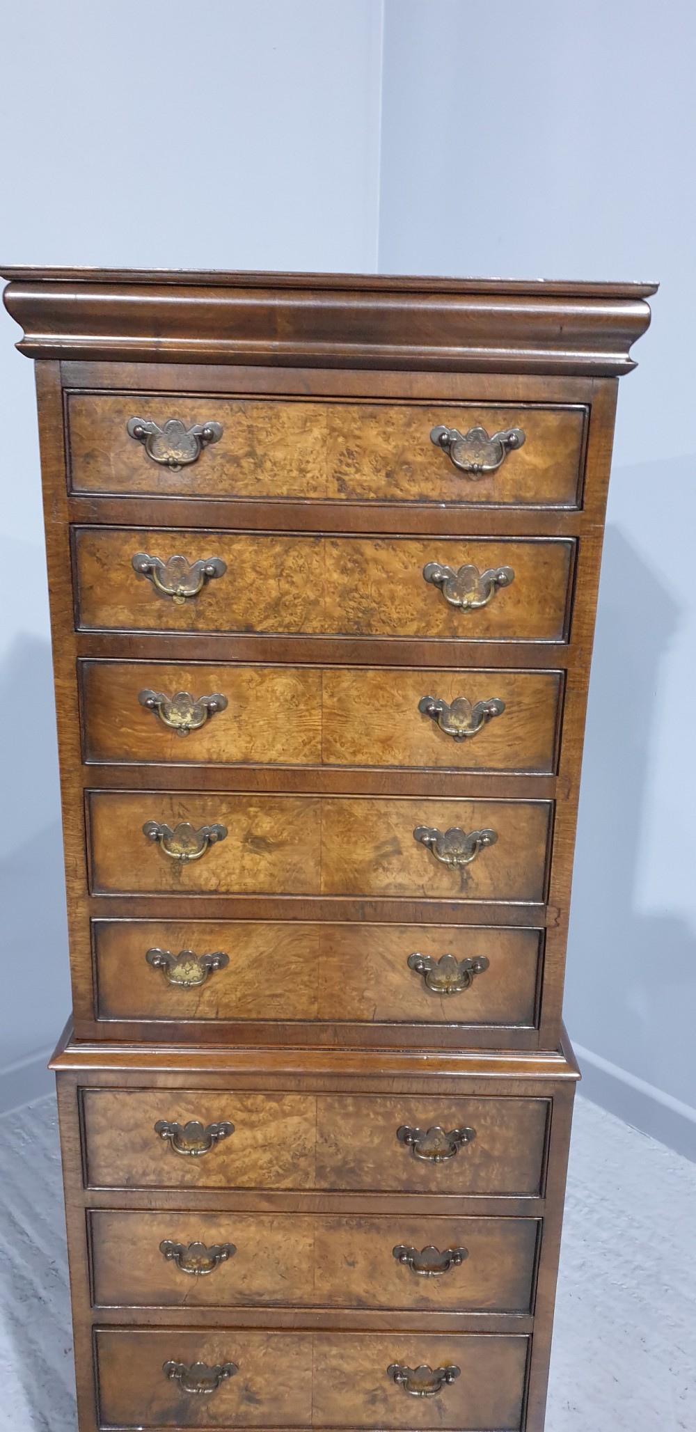 Burr Walnut Chest on Chest of Drawers of Small Proportions View V