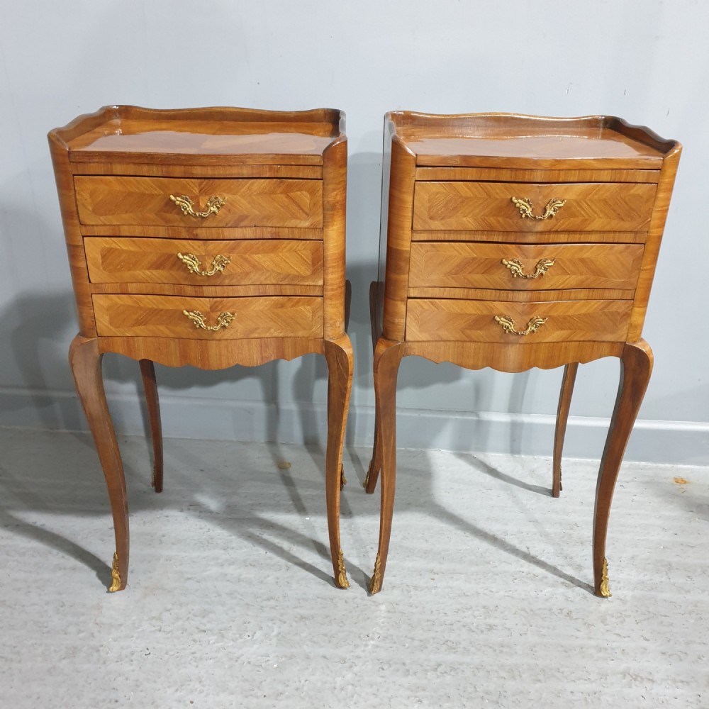 Pair Inlaid French Bedside Chests of Drawers