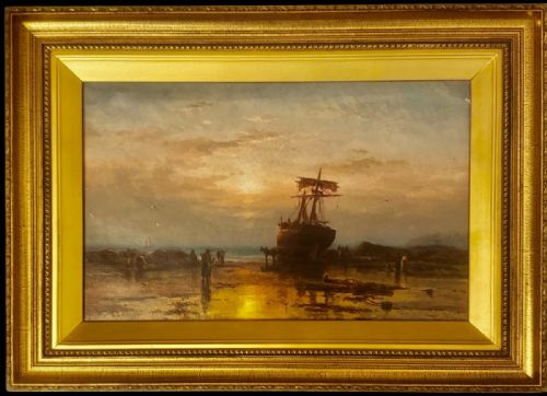 Painting of Coastal Landscape with Ship and Fisherman at Dusk, Duncan Fraser Mclea (1841-1916)