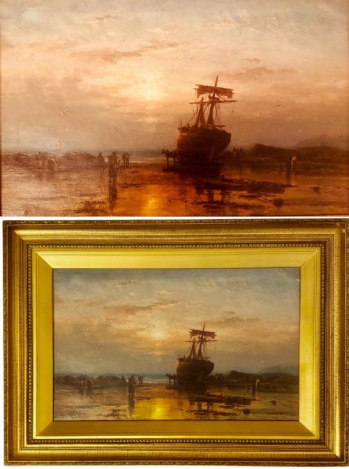 fig 3. Painting of Coastal Landscape with Ship and Fisherman at Dusk, Duncan Fraser Mclea (1841-1916)
