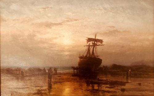 fig 4. Painting of Coastal Landscape with Ship and Fisherman at Dusk, Duncan Fraser Mclea (1841-1916)