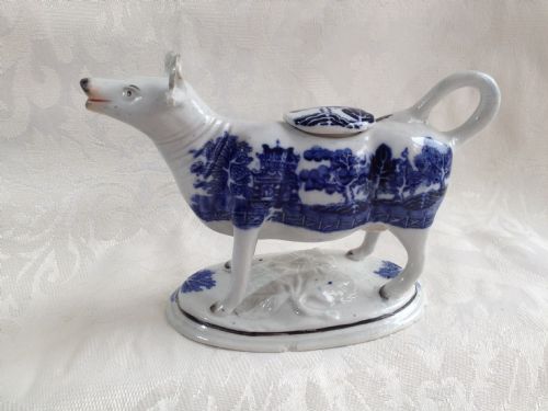 Staffordshire Blue & White Cow Creamer Willow Pattern Transfer C.1850