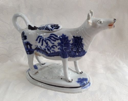 fig 1. Staffordshire Blue & White Cow Creamer Willow Pattern Transfer c.1850