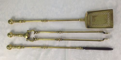 Fine Georgian Solid Brass Set Fire Irons Knopped Shafts Pierced Shovel 19th Century Heavy Quality