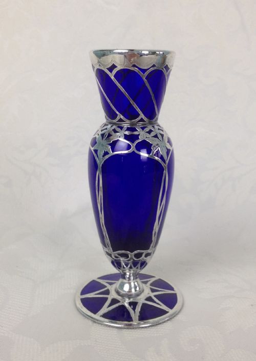 Unusual Hm 1902 Silver Overlay Bristol Blue Glass Baluster Vase Art Nouveau English W.d.b&s Sterling
