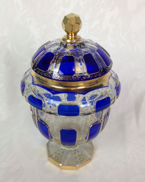fig 1. Art Deco Moser Blue Cabochon Overlay Lidded Vase Bonbon Dish Bohemian 1920s